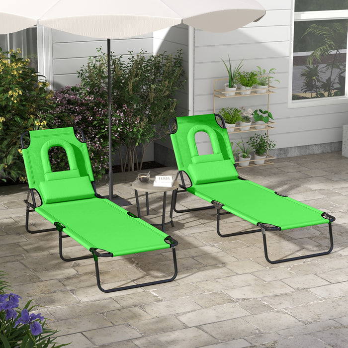 Outdoor Foldable Sun Lounger Set - 4-Level Adjustable Backrest, Pillow and Reading Hole, Green - Ideal for Patio Relaxation & Poolside Comfort