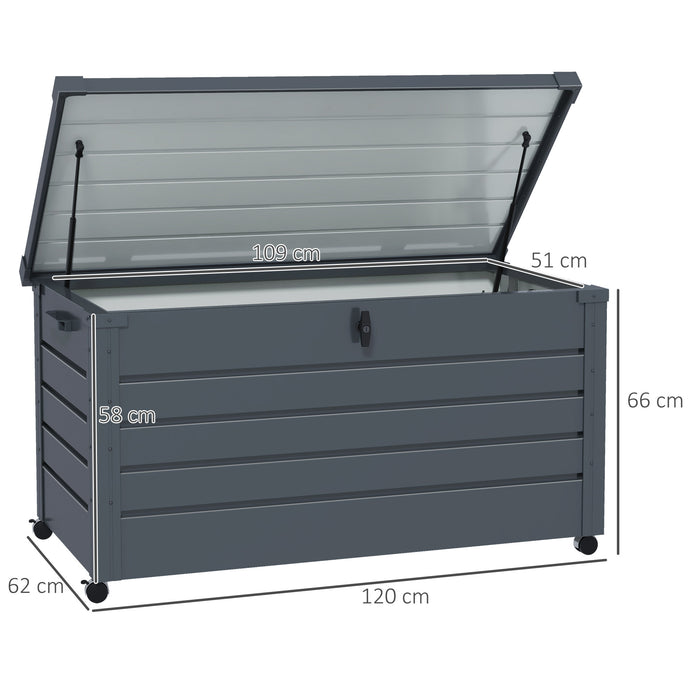 Waterproof 331L Outdoor Storage Box with Wheels and Handles - Lockable Galvanized Steel Deck Box, Dark Grey - Ideal Organizer for Garden Tools, Cushions, and Accessories