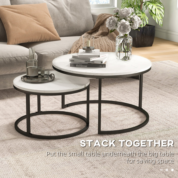 Industrial Nesting Coffee Table Set - Round Faux Marble Top with Sturdy Steel Frame - Ideal for Living Room Space Optimization