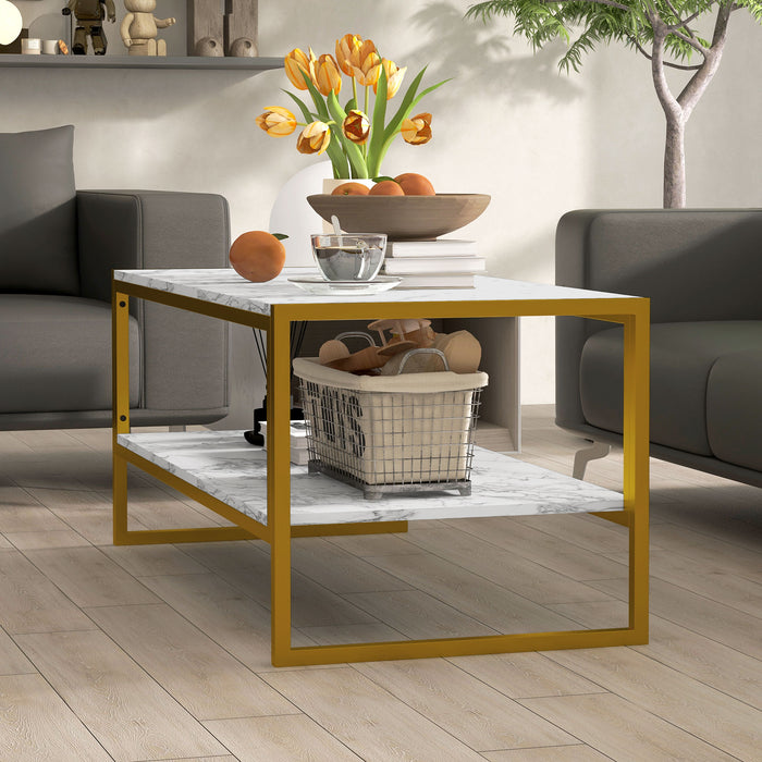 Modern Marble-Effect Two-Tier Coffee Table - Center Table with Storage Shelf, Sturdy Metal Frame - Elegant Furniture for Living Room Storage and Style