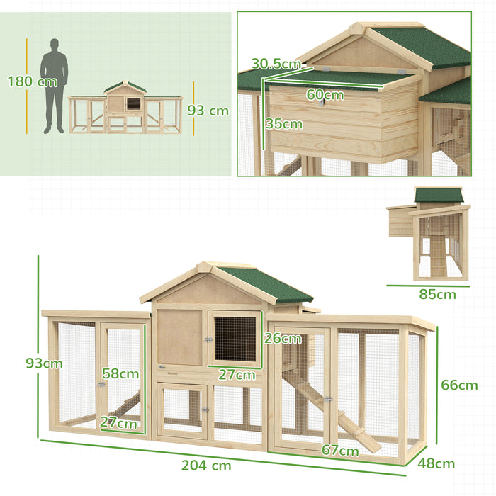 Deluxe Wooden Chicken Coop with Spacious Run - Backyard Hen House with Nesting Box, 204 x 85 x 93cm - Ideal for Poultry Keeping and Egg Laying