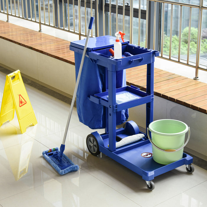 Janitorial Cleaning Cart with Wheels - 3-Tier Utility Trolley with Trash Bag and Mop Holder, Blue - Ideal for Hotel & Office Housekeeping