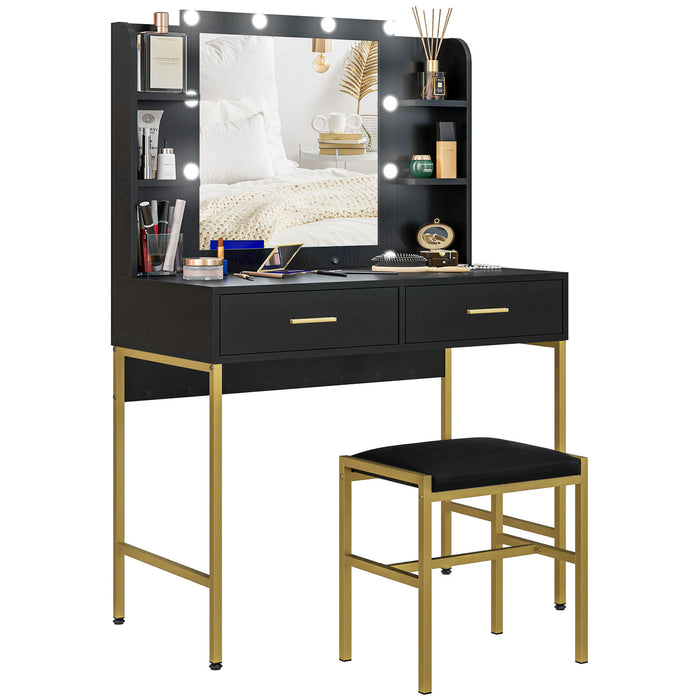 Aosom UK Dressing Table Set - Lighted Mirror Makeup Vanity Desk with Cushioned Stool, Drawers & Shelves - Stylish Modern Dresser for Bedroom Organization, Black