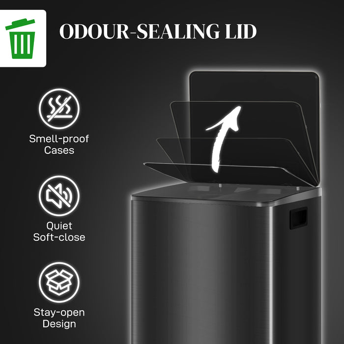 Dual Compartment Recycling & Waste Bin - 60L Stainless Steel Pedal with Soft-Close Lid & Removable Inner Buckets - Efficient Trash Sorting for Home or Office Use