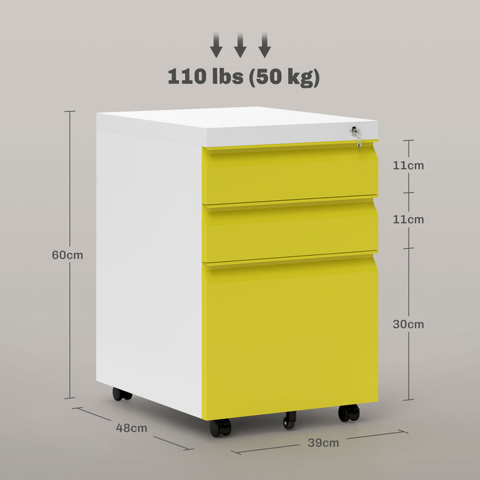 Mobile Metal Filing Cabinet with 3 Drawers - Anti-tilt Design for A4, Letter, and Legal Size Documents - Ideal for Office Organization in Yellow