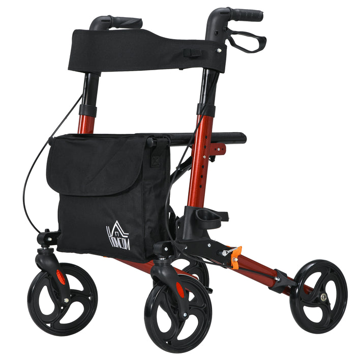 4 Wheel Rollator with Seat and Back Support - Adjustable Height, Dual Brakes, Lightweight Aluminium Mobility Walker, Folding Design, Carry Bag, Cane Holder - Ideal for Seniors and Disabled, Red