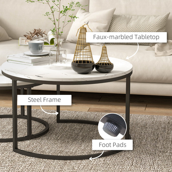 Industrial Nesting Coffee Table Set - Round Faux Marble Top with Sturdy Steel Frame - Ideal for Living Room Space Optimization