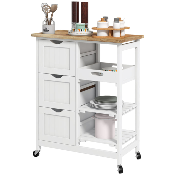 Kitchen Island on Wheels with Wood Top - Rolling Bar Serving Cart with Shelves & Drawers - Compact Trolley for Home Dining & Entertaining, White