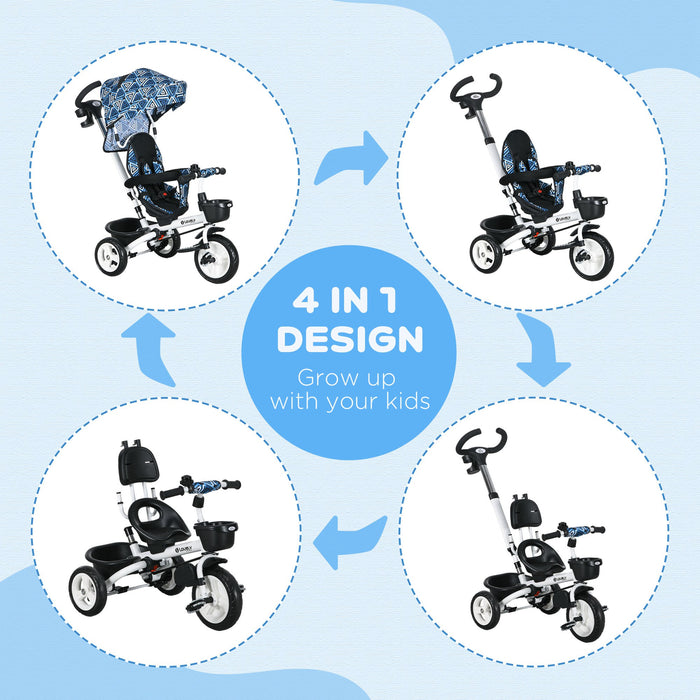 4-in-1 Baby Push Tricycle with Metal Frame - Light Blue Toddler Trike with Parent Handle - Versatile Ride-On Toy for Ages 1-5 Years