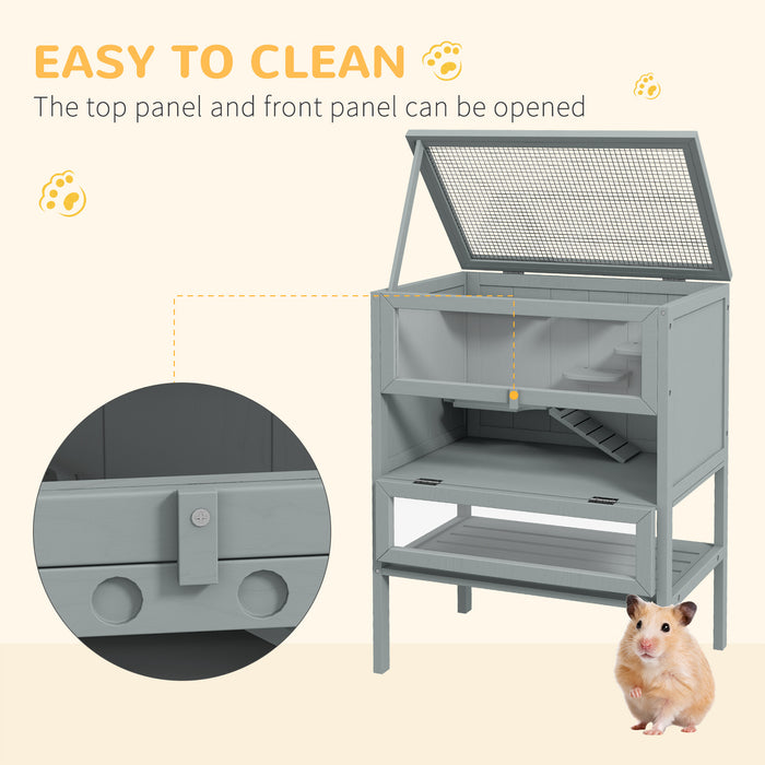 3-Tier Wooden Hamster House with Storage Shelf - Open-Top Design for Easy Access, Grey Finish - Ideal Habitat for Gerbils and Small Rodents