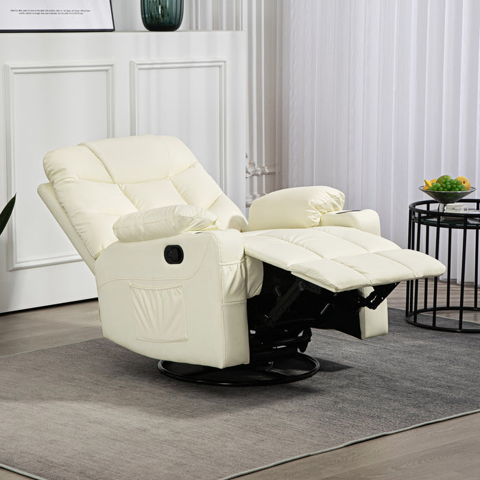 Manual Swivel Recliner Armchair - Comfortable Faux Leather with Footrest and Cup Holders - Ideal for Relaxation and Lounging, Cream, 86x93x102cm