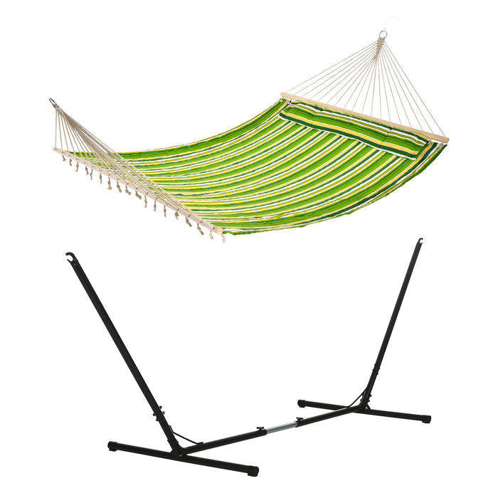 Double Cotton Outdoor Garden Hammock with Stand - Adjustable Steel Frame Swing Bed with Pillow, Green Stripes - Perfect for Patio, Beach, Relaxation and Comfort