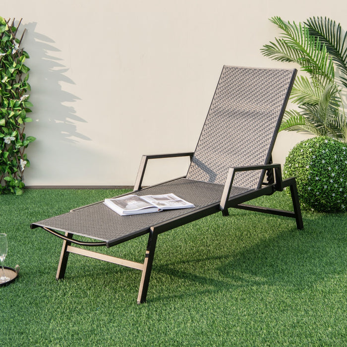 Rattan Outdoor Furniture - Chaise Lounge with Adjustable 5-Position Backrest and Armrests, Perfect for Porch and Backyard - Comfortable Brown Lounger for Relaxation and Leisure