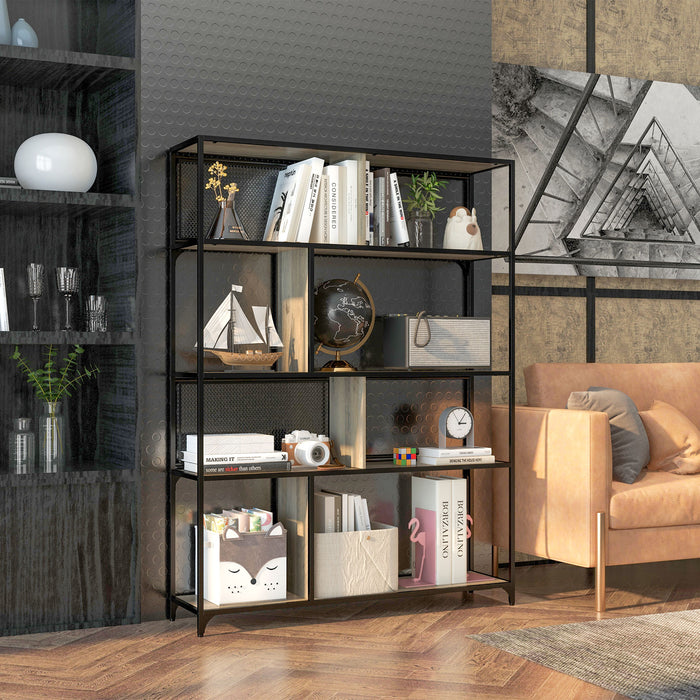 Industrial 5-Tier Bookshelf with Sliding Mesh Doors - Metal and Grey Wood Grain Storage Shelving Unit - Ideal for Living Room, Study, Bedroom Organization