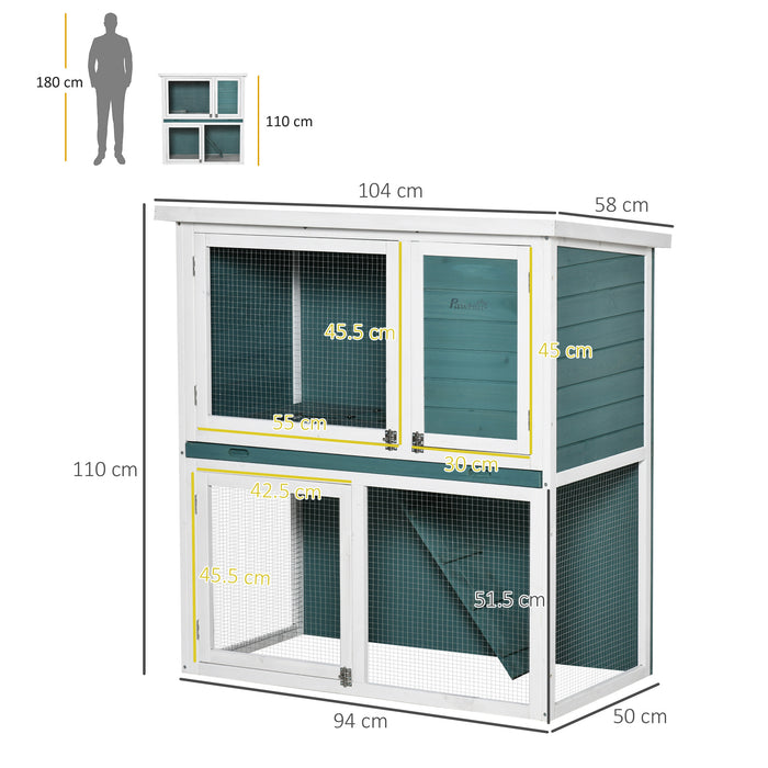 2 Tier Wooden Rabbit Hutch - Guinea Pig and Bunny Cage with Slide-out Tray, Outdoor Animal House - Ideal for Small Pets, 104x58x110cm, Green