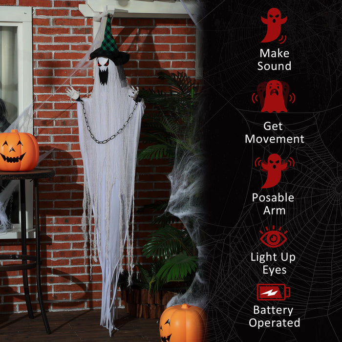 Aosom UK 80" Hanging Ghost - Outdoor Halloween Animatronic with Sound Activation, Light-Up Eyes & Spooky Effects - Ideal Prop for Haunted House and Halloween Events