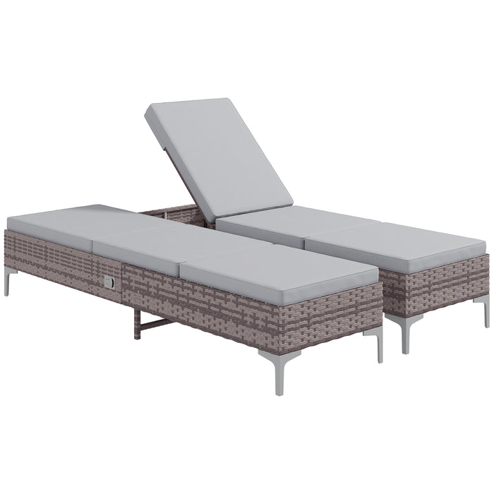 Outdoor Rattan Sun Lounger Pair - Adjustable Backrest & Washable Cushions in Light Grey - Ideal for Patio and Garden Relaxation