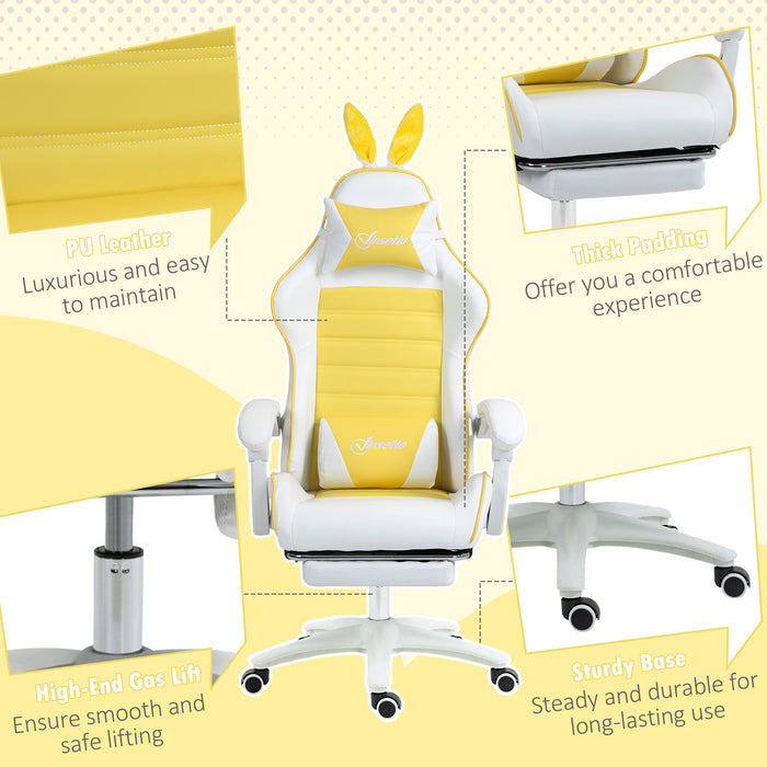 Racing Style Gaming Chair with Removable Rabbit Ears - PU Leather Adjustable Recliner, Footrest, Lumbar & Headrest Support, in Vibrant Yellow - Comfort for Gamers and Home Office Use