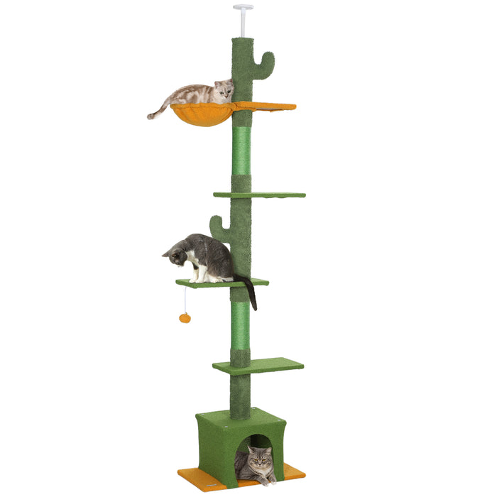 PawHut 230-275cm Floor-to-Ceiling Adjustable Cat Tree with Scratching Posts, Hammock