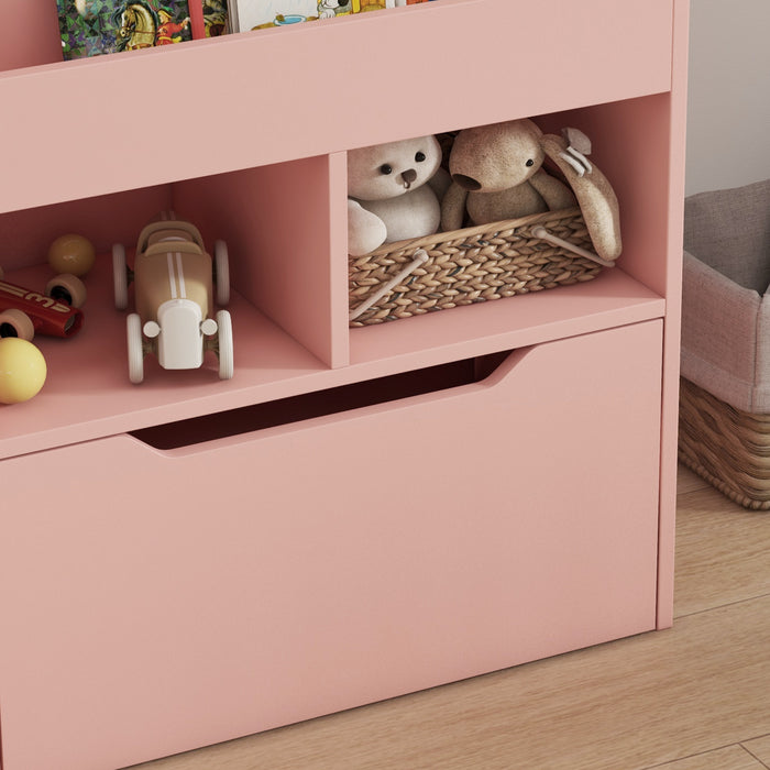 Kids Bookshelf and Toy Organizer with Drawer - Pink Mobile Storage Unit for Children's Playroom - Keeps Toys, Books Organized and Accessible