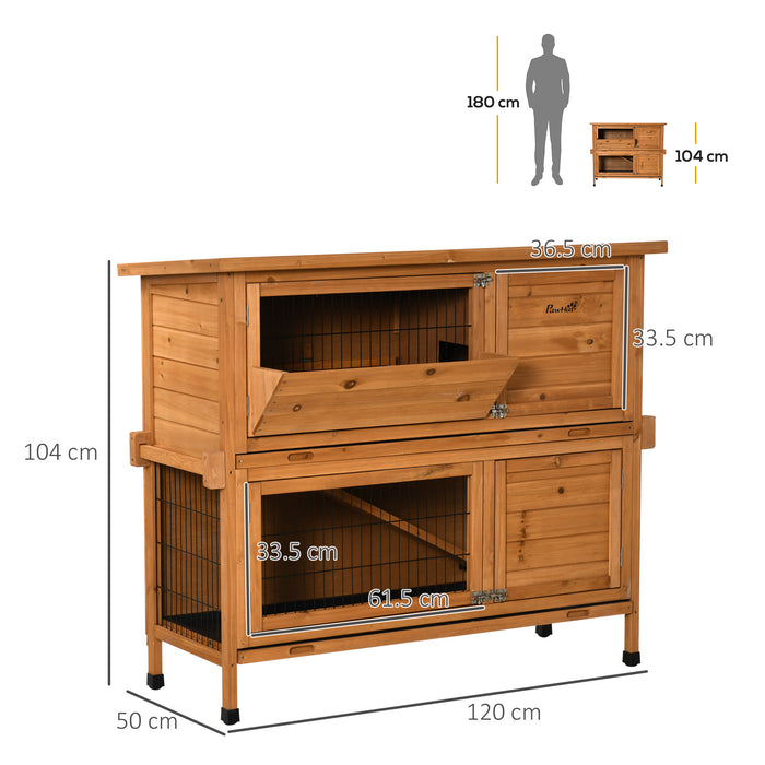 Double-Decker 2-Tier Rabbit & Guinea Pig Hutch - Wooden Pet Cage with Sliding Tray, Asphalt Roof, and Access Ramp, 120x50x104 cm, Orange - Ideal for Outdoor Small Animal Shelter