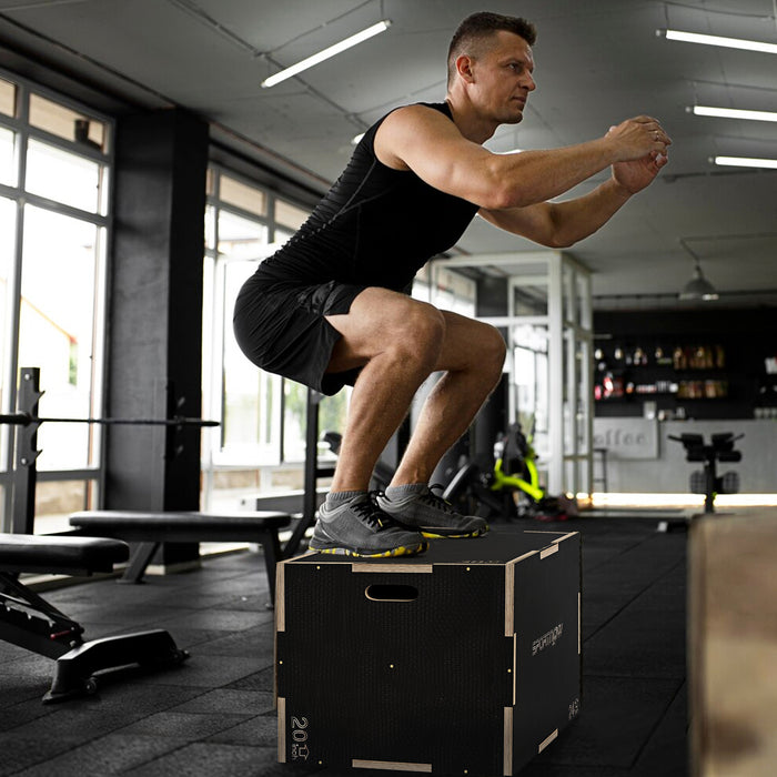 3-in-1 Wooden Plyo Box - Anti-Slip Plyometric Jump Platform with Handle Openings for Versatile Workouts, 51/61/76 cm Sizes - Ideal for Home Gym Fitness & Exercise Enthusiasts