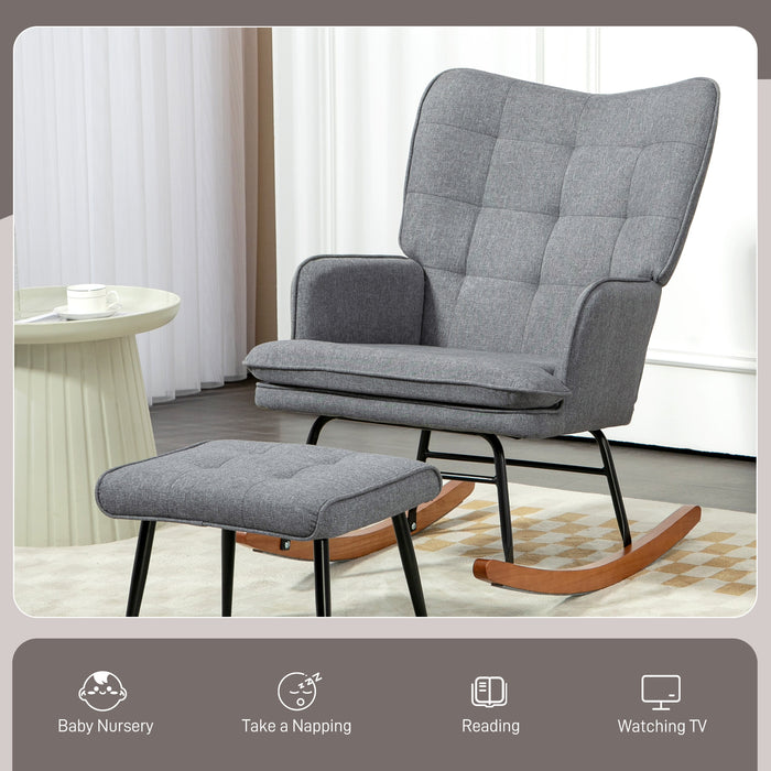 Linen-Styled Rocking Chair with Matching Ottoman - Comfortable Grey Nursery Furniture - Ideal for New Parents & Relaxing Moments