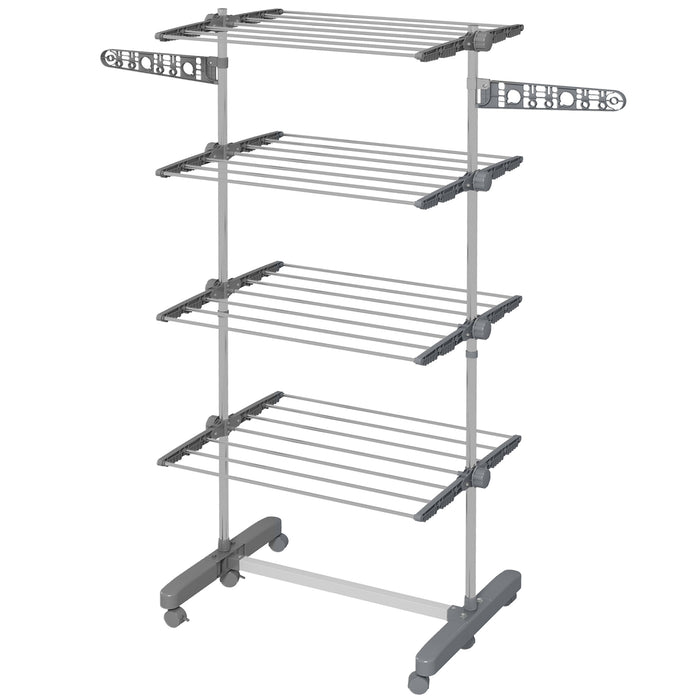 4-Tier Clothes Airer with Wheels and Wings - Foldable, Stainless Steel Indoor/Outdoor Clothes Drying Rack - Space-Saving Design for Easy Laundry Management