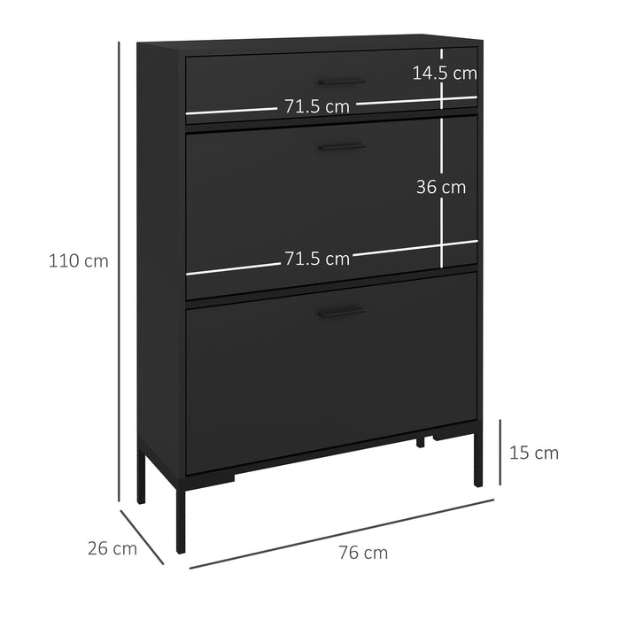 Narrow 3-Drawer Shoe Cabinet with 2 Flip Doors - Sliding Drawer & Adjustable Shelf for 12-Pair Shoe Storage - Ideal for Hallway & Entryway Organization, Black