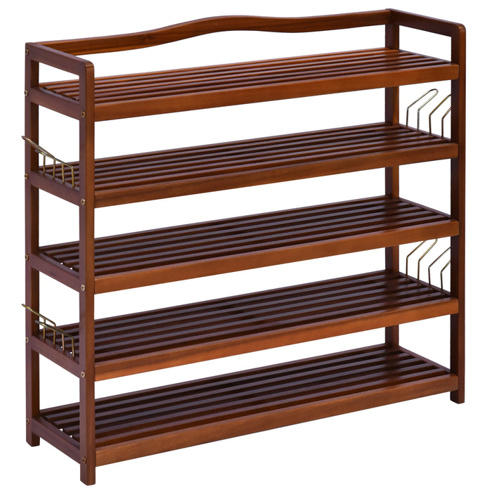 5-Tier Acacia Wooden Shoe Rack - Entryway and Living Room Shoe Storage Organizer with Hangers, 84 x 26 x 82 cm, Teak Finish - Accommodates Up to 24 Pairs of Shoes