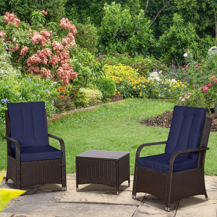 Outdoor Rattan 3-Piece Bistro Set - Patio Wicker Furniture with Steel Frame and Cushions - Ideal for Balcony, Conservatory with Coffee Table and Cover, Dark Blue