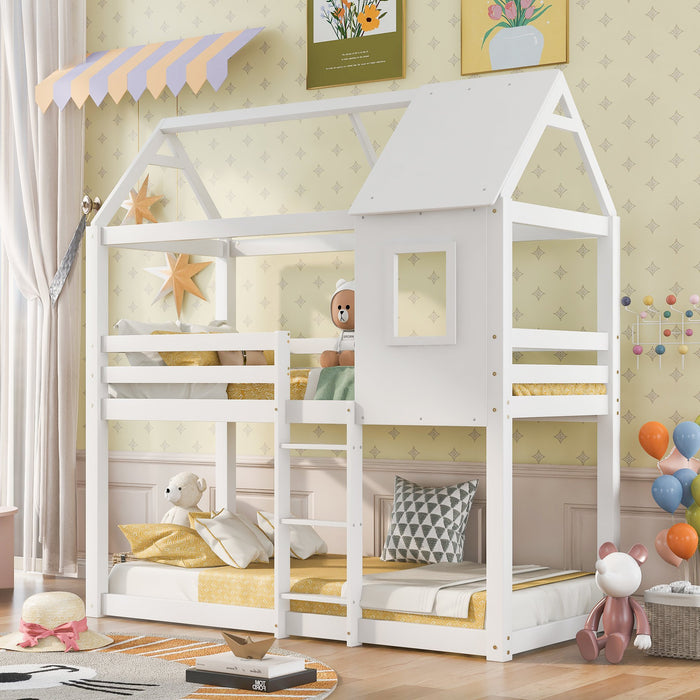 Convertible Twin Bunk Bed with Ladder and Window - Solid Pine Wood, Safety Certified Folding Sleeper, 198x94x221 cm in White - Perfect for Kids’ Bedroom Space Saving Furniture