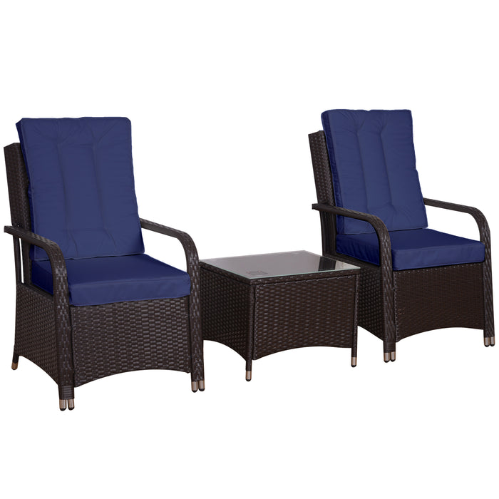 Outdoor Rattan 3-Piece Bistro Set - Patio Wicker Furniture with Steel Frame and Cushions - Ideal for Balcony, Conservatory with Coffee Table and Cover, Dark Blue