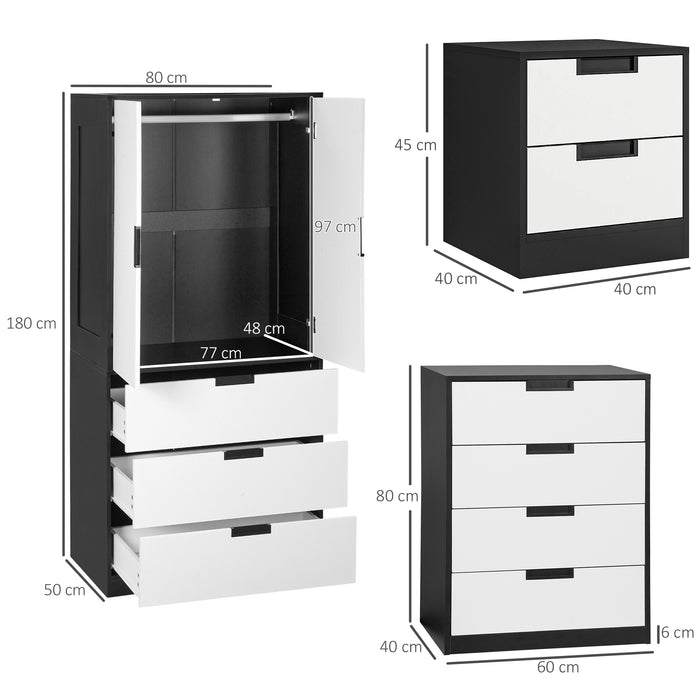 Bedroom Ensemble with Wardrobe and Hanging Rod - 4-Drawer Chest & Dual Bedside Tables with Storage, White/Black - Complete Bedroom Furnishing Solution for Organized Living