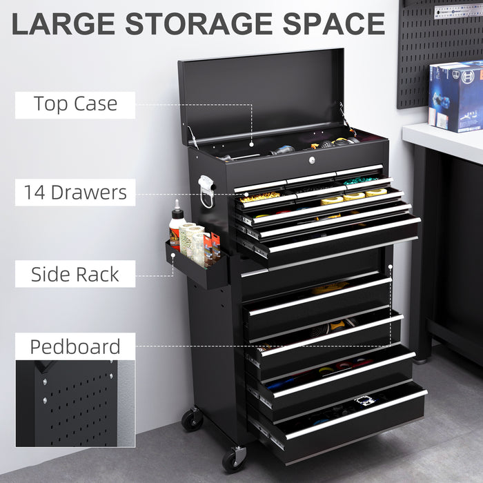 14-Drawer Rolling Tool Cabinet with Pegboard & Side Rack - Lockable Wheel-Mounted Tool Chest Combo - Ideal for Workshop & Home Organization