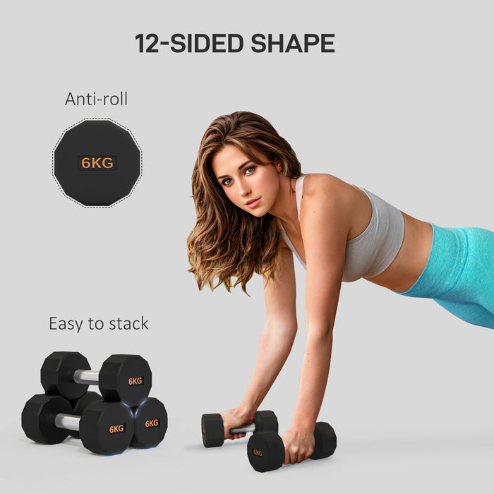 12-Sided Anti-Roll Dumbbells 6kg Pair - Non-Slip Grip Weight Set for Fitness - Ideal for Men & Women Home Gym Training