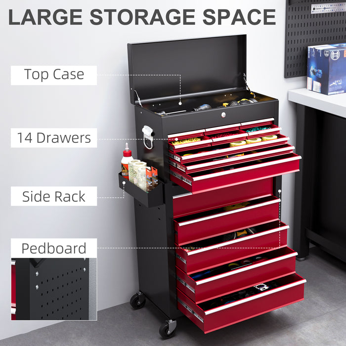 14-Drawer Rolling Tool Cabinet Combo with Pegboard & Side Rack - Lockable Wheels Storage Unit for Workshop Organization - Ideal for Home Garage and Professional Use