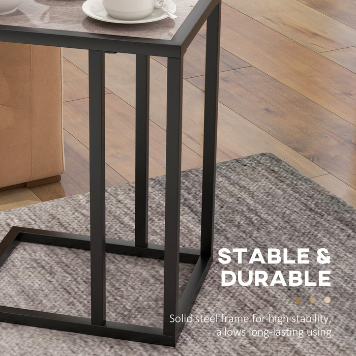 C Shape Bedside Table - Metal Frame with Marble-Effect Top, Narrow Snack End Table - Ideal for Living Room and Small Spaces, Grey