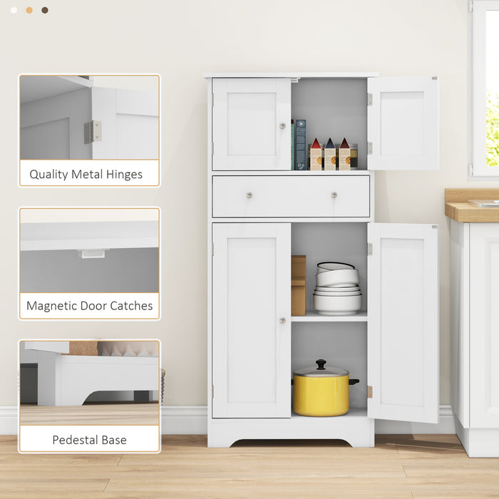 Modern Freestanding Kitchen Storage Cabinet - Elegant White Cupboard with Doors, Shelves & Drawer - Space-Saving Design for Kitchen Organization