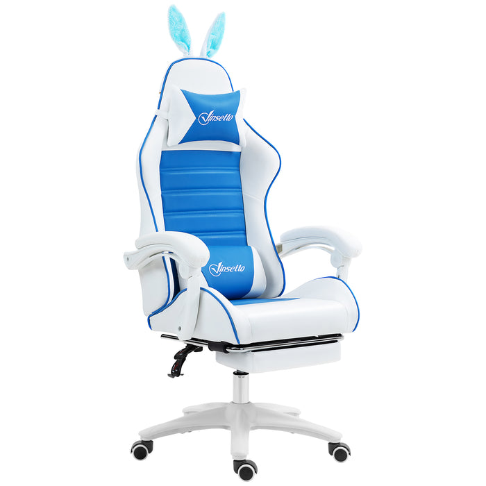 Racing Gaming Chair with Removable Rabbit Ears - Reclining PU Leather Computer Chair with Footrest & Lumbar Support, Vibrant Blue - Ideal for Gamers & Comfort-Seeking Professionals