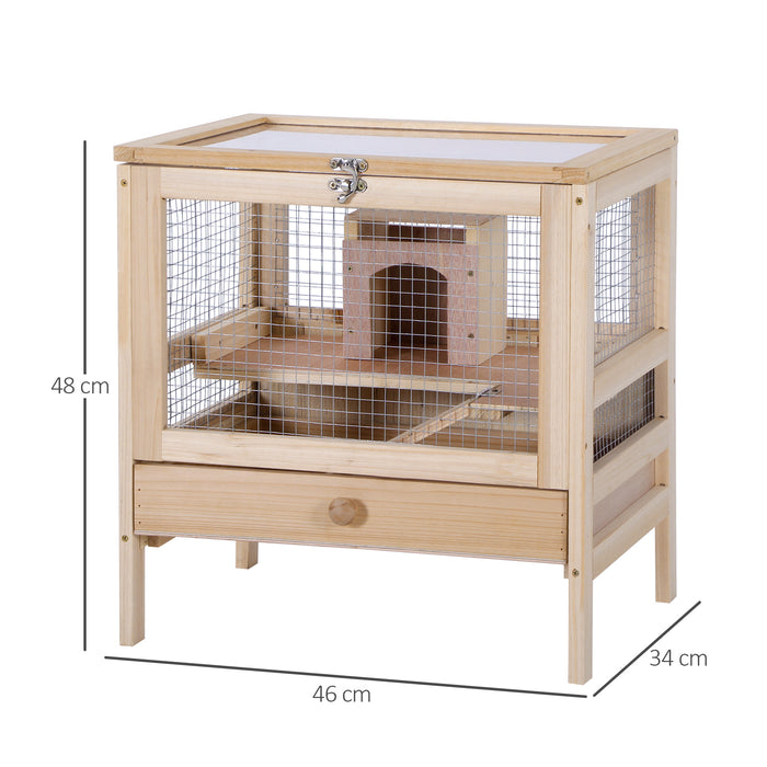 Large Wooden Double-Layer Hamster Cage - Rodent Mouse Small Animal Home with Easy Clean Hut Box - Spacious 46x34x48cm Living Space for Pet Comfort