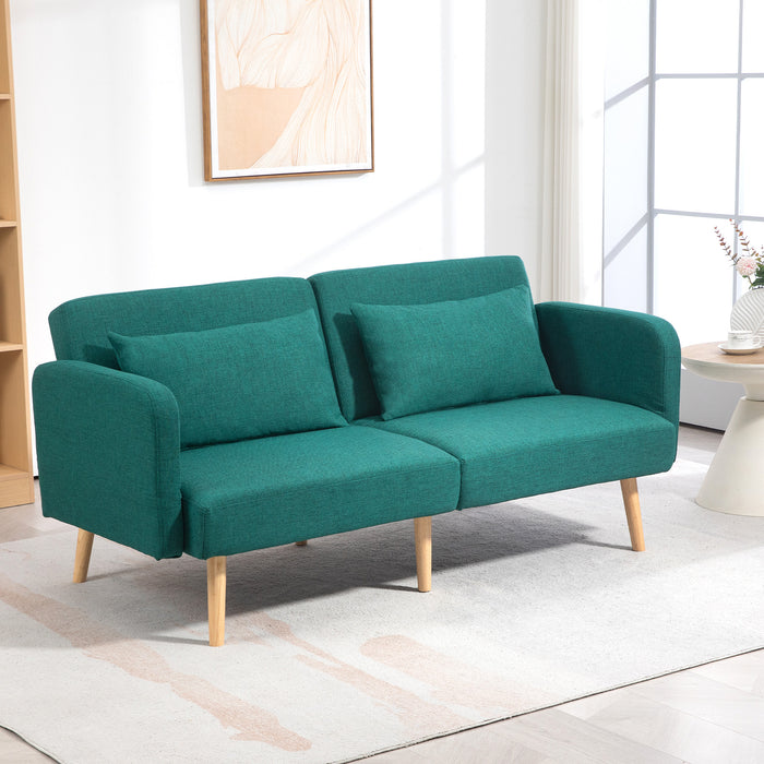 Convertible 2/3-Seater Sofa Bed in Green - Fabric Couch with Pull-Out Bed Settee and 2 Cushions - Ideal for Living Room or Guest Room Comfort