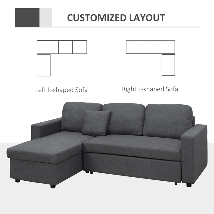 Convertible L-Shape Corner Sofa Bed with Storage - 3-Seater Dark Grey Pull-Out Couch with Reversible Chaise Lounge - Space-Saving Furniture for Living Rooms