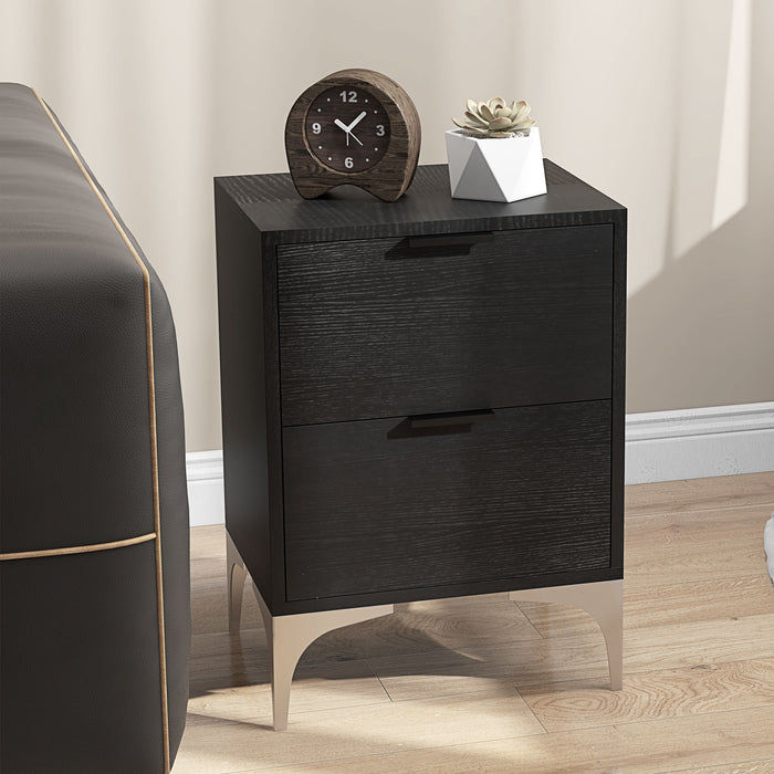 Modern 2-Drawer Nightstand Set - Small Bedside/Sofa End Tables with Steel Legs, Black - Ideal Bedroom and Living Room Storage Solution