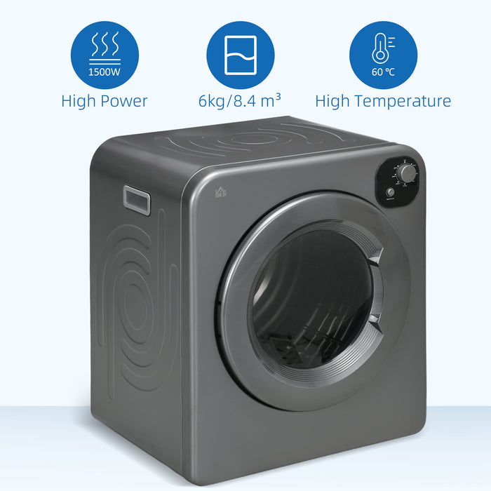 6kg Vented Tumble Dryer - Freestanding, Wall-Mountable, Stackable Portable Unit with 7 Programs, Grey Finish - Ideal for Compact Spaces & Efficient Laundry Drying