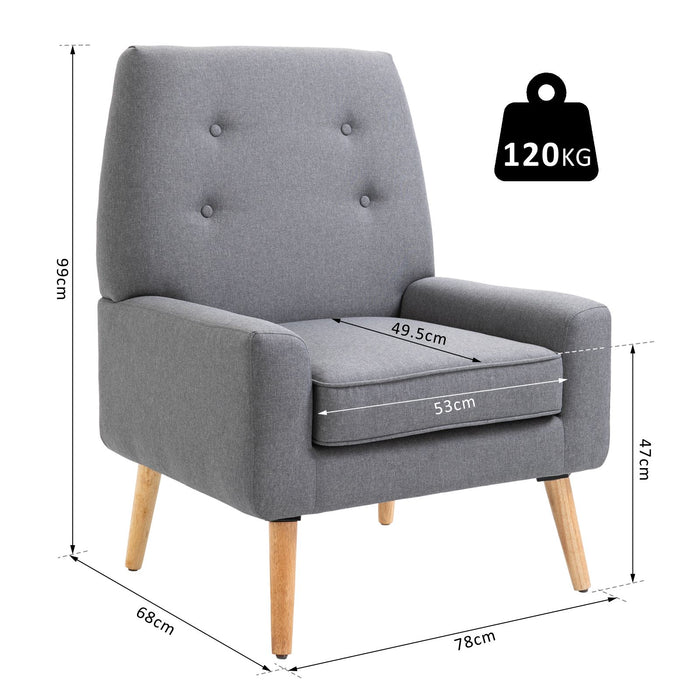 Nordic Padded Wooden Armchair - Single Cushion with Button Tufted Seat and Sponge Padding - Ideal for Scandinavian-Styled Living Room or Bedroom Comfort