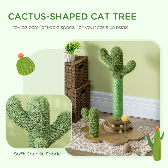 Cactus-Shaped Chenille Cat Tree 60cm - Activity Center with Sisal Scratching Post & Interactive Turntable Ball Toys - Perfect Play Structure for Energetic Cats