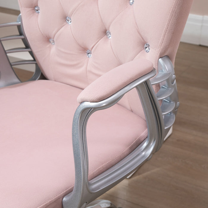 Ergonomic 360° Swivel Office Chair - Diamante Tufted Velour with Padded Base & 5 Castor Wheels in Pink - Perfect for Home Office Comfort & Style