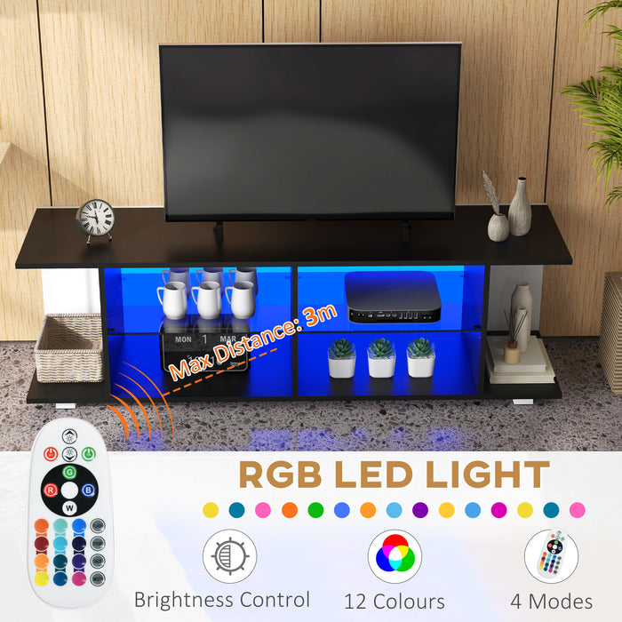 Modern 145cm TV Stand with RGB LED Lighting - Glass Shelving, Fits 32-60 inch 4K Televisions, Black - Ideal for Contemporary Home Entertainment Setup