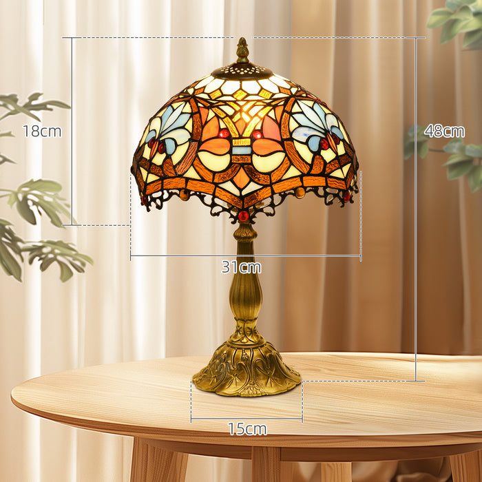 Handcrafted Stained Glass Table Lamp - Artisan Collectible Multi-Colored Lighting for Living Room & Bedside - Elegant Décor with Zinc Alloy Base, 31cm Diameter x 48cm Height